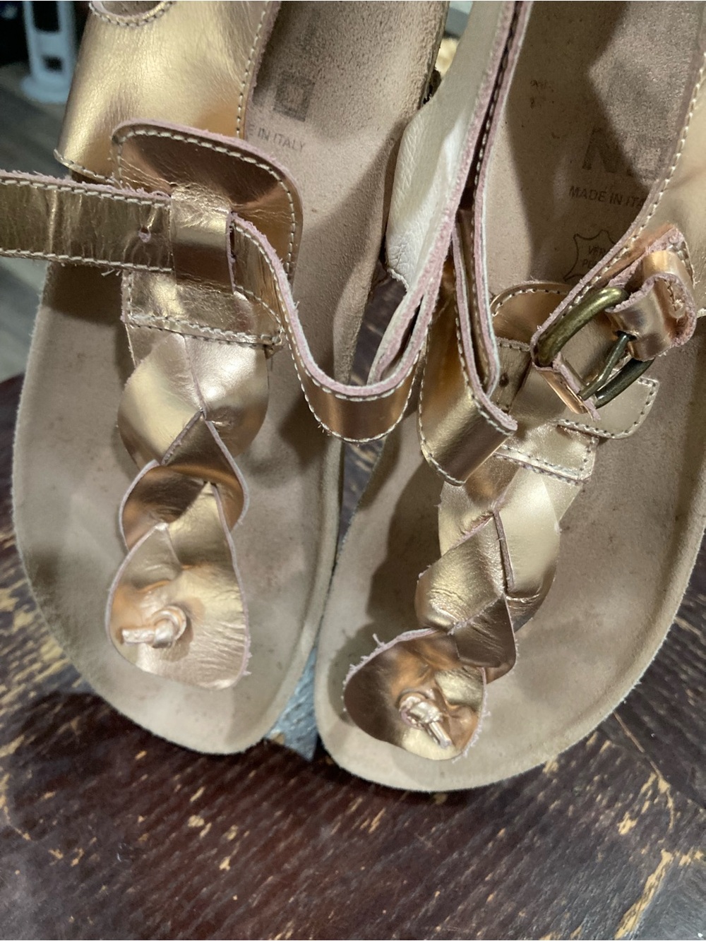 Braided Metallic Gold Women’s T-Strap Sandals